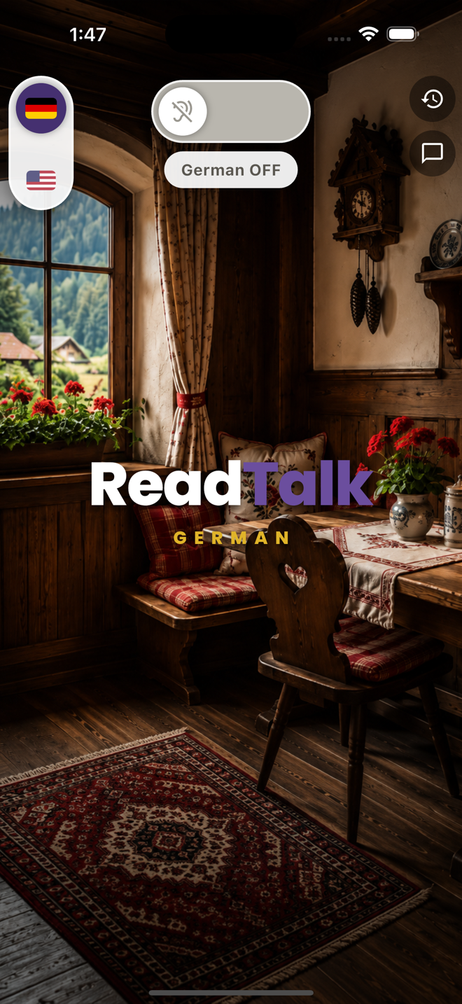 The real ReadTalk German app, switched off: the ReadTalk German wordmark over a wood-panelled Alpine parlour with a cuckoo clock and geraniums, the flag slider and the listening switch at the top of the screen.