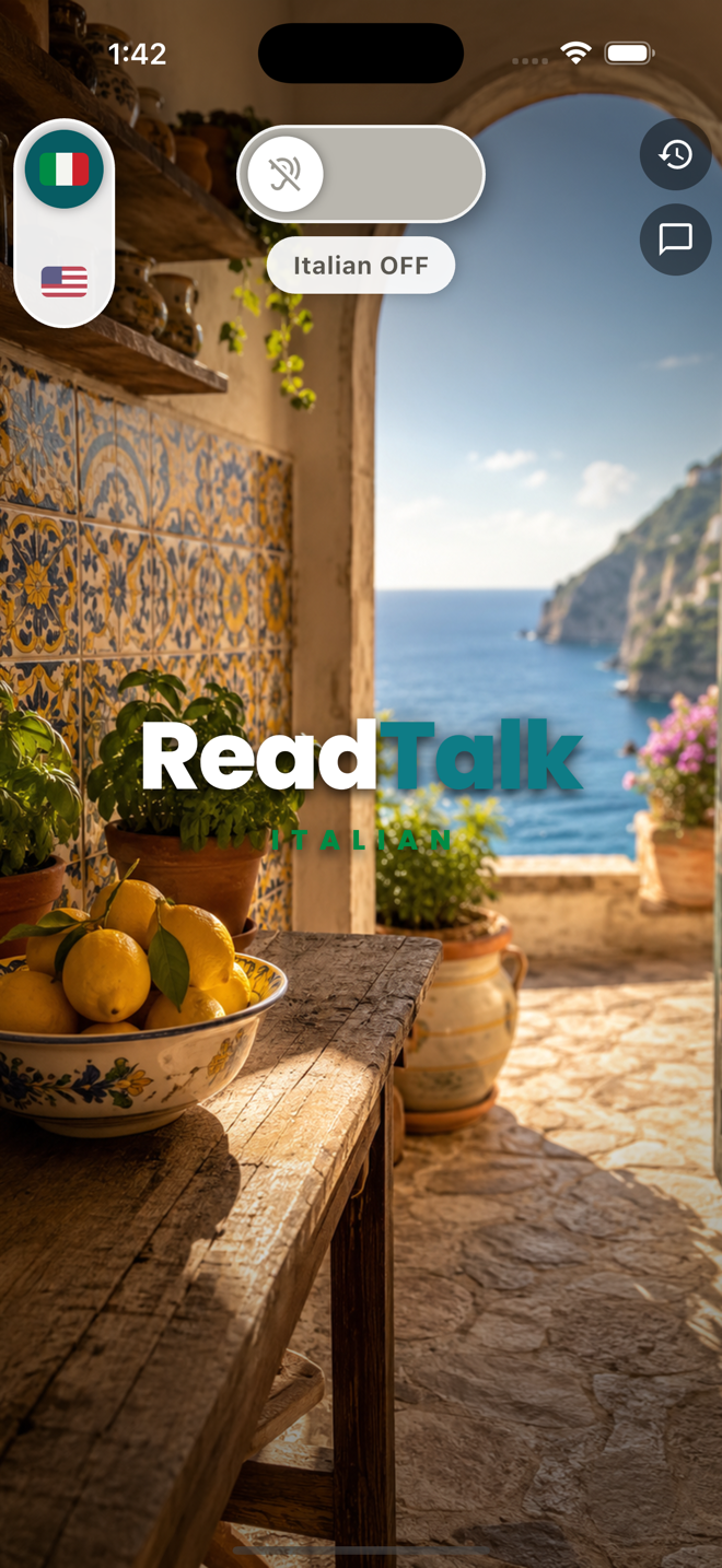 The real ReadTalk Italian app, switched off: the ReadTalk Italian wordmark over a sunlit Amalfi terrace with lemons and painted tiles, the tricolore flag slider and the listening switch at the top of the screen.